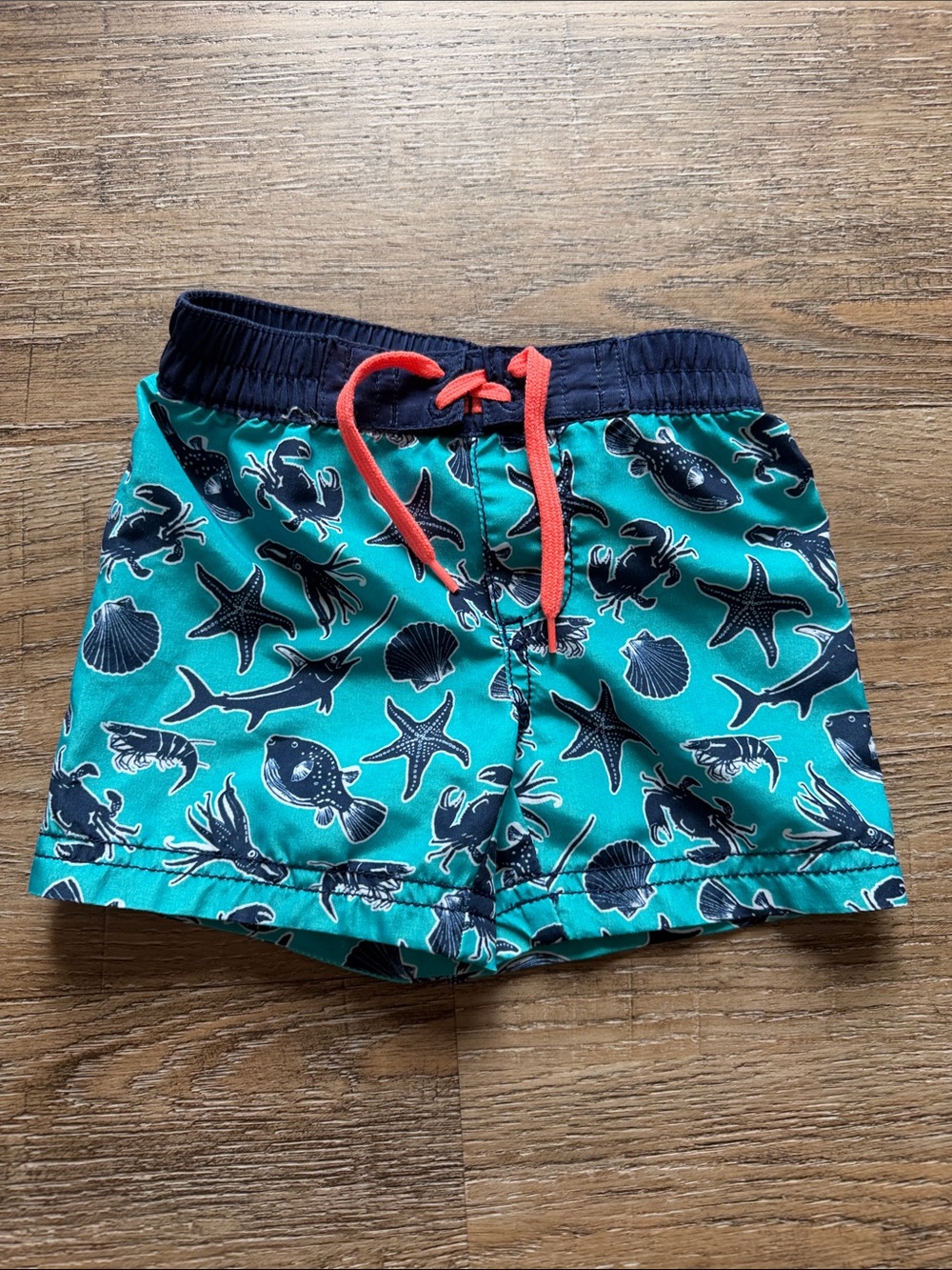 Kids Teal Ocean Print Swim Shorts with Navy Waistband and Coral Drawstring